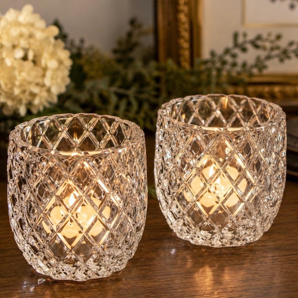 Vintage PartyLite Rockport Diamond Cut Glass Votive Holders Pair (Set of 2)